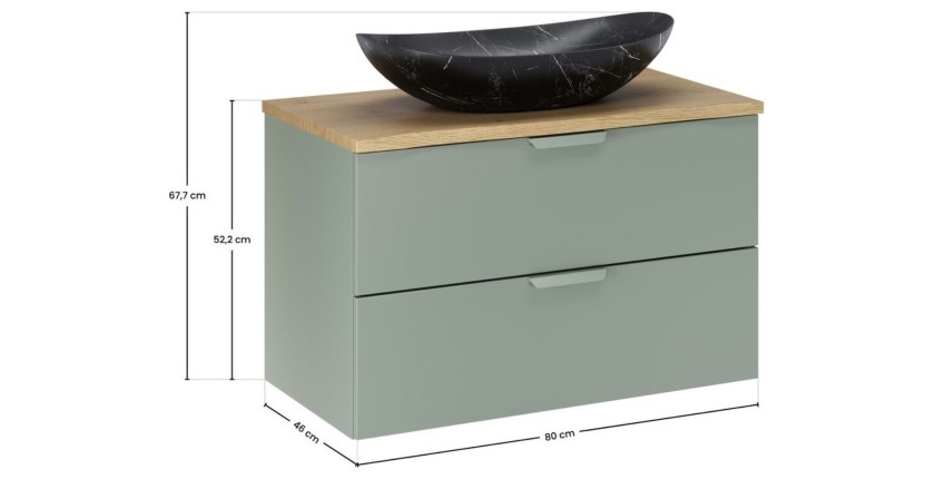 Ensemble OSTER vert et chêne 80cm : meuble sous vasque, plan pour vasque et vasque à poser noire marbrée dimensions
