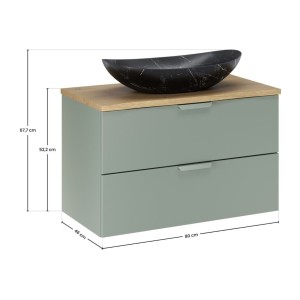 Ensemble OSTER vert et chêne 80cm : meuble sous vasque, plan pour vasque et vasque à poser noire marbrée dimensions
