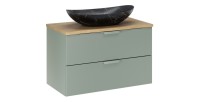 Ensemble OSTER vert et chêne 80cm : meuble sous vasque à tiroirs, plan pour vasque et vasque à poser noire marbrée