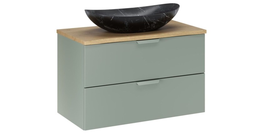 Ensemble OSTER vert et chêne 80cm : meuble sous vasque à tiroirs, plan pour vasque et vasque à poser noire marbrée