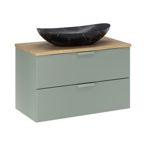 Ensemble OSTER vert et chêne 80cm : meuble sous vasque à tiroirs, plan pour vasque et vasque à poser noire marbrée