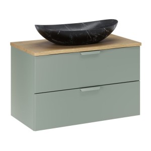 Ensemble OSTER vert et chêne 80cm : meuble sous vasque à tiroirs, plan pour vasque et vasque à poser noire marbrée