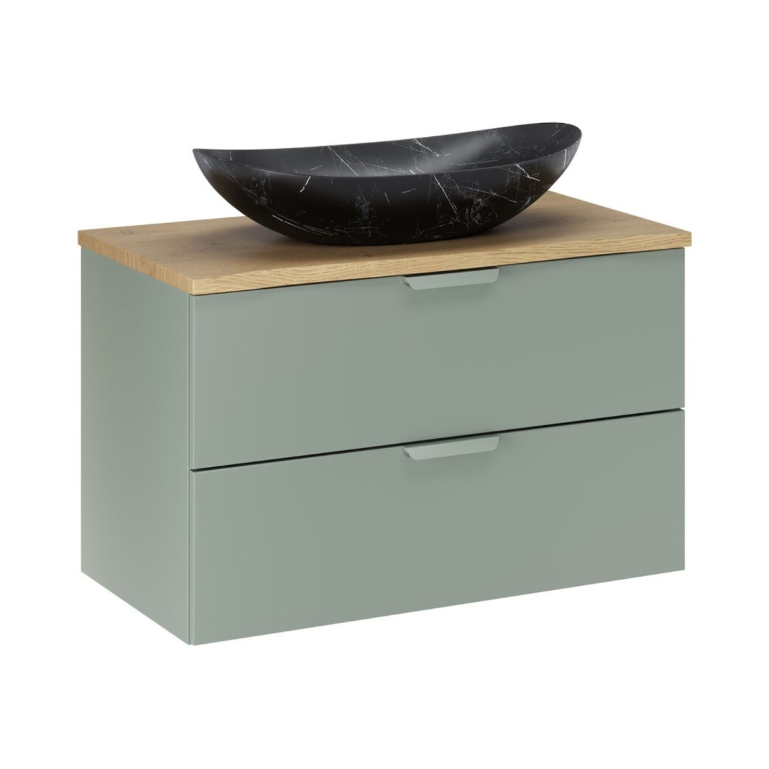 Ensemble OSTER vert et chêne 80cm : meuble sous vasque à tiroirs, plan pour vasque et vasque à poser noire marbrée
