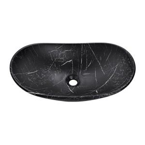 Vasque à poser ovale en céramique noire marbrée de blanc vue de haut
