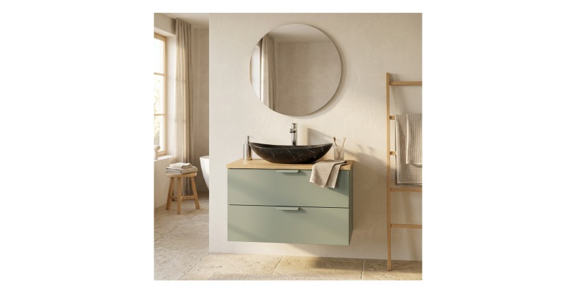 Ensemble OSTER vert et chêne 80cm : meuble sous vasque à tiroirs et plan pour vasque mis en situation