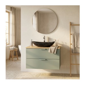 Ensemble OSTER vert et chêne 80cm : meuble sous vasque à tiroirs et plan pour vasque mis en situation