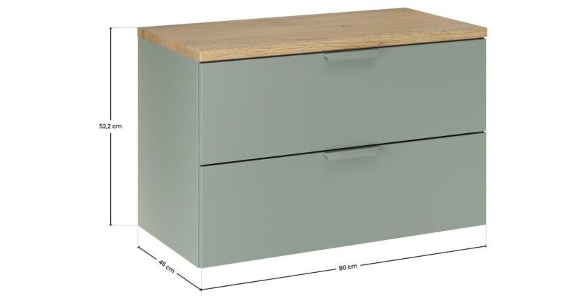 Ensemble OSTER vert et chêne 80cm : meuble sous vasque à tiroirs et plan pour vasque dimensions