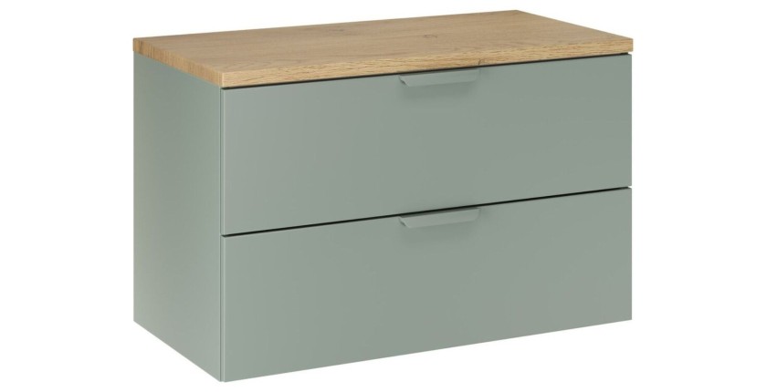 Ensemble OSTER vert et chêne 80cm : meuble sous vasque à tiroirs et plan pour vasque