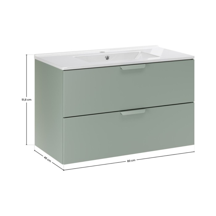 Conjunto de baño suspendido OSTER 80cm: mueble bajo lavabo con cajones en verde salvia + lavabo empotrado blanco