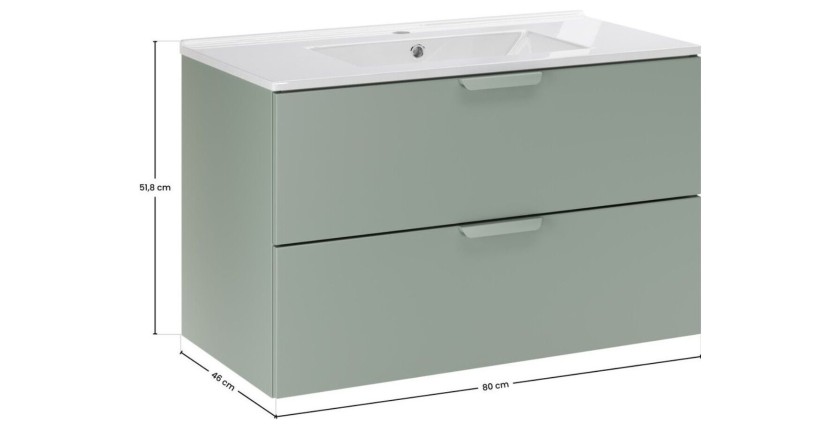 Ensemble OSTER vert et chêne 80cm : meuble sous vasque à tiroirs et vasque encastrée blanche dimensions
