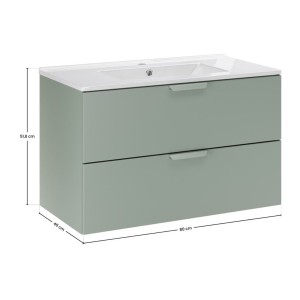 Ensemble OSTER vert et chêne 80cm : meuble sous vasque à tiroirs et vasque encastrée blanche dimensions