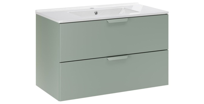 Ensemble OSTER vert et chêne 80cm : meuble sous vasque à tiroirs et vasque encastrée blanche