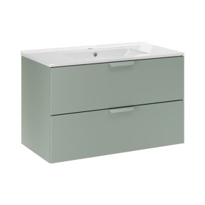 Ensemble OSTER vert et chêne 80cm : meuble sous vasque à tiroirs et vasque encastrée blanche