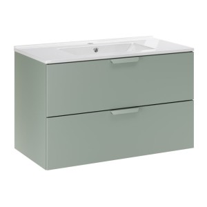 Ensemble OSTER vert et chêne 80cm : meuble sous vasque à tiroirs et vasque encastrée blanche