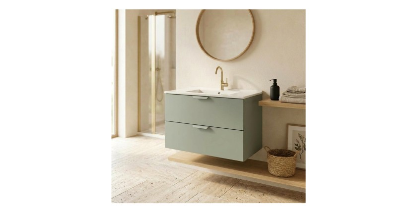 Ensemble OSTER vert et chêne 80cm : meuble sous vasque à tiroirs et vasque encastrée blanche mis en situation