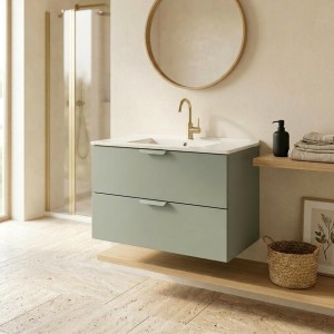 Ensemble OSTER vert et chêne 80cm : meuble sous vasque à tiroirs et vasque encastrée blanche mis en situation