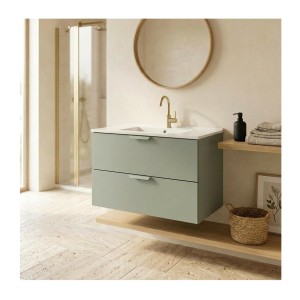 Ensemble OSTER vert et chêne 80cm : meuble sous vasque à tiroirs et vasque encastrée blanche mis en situation