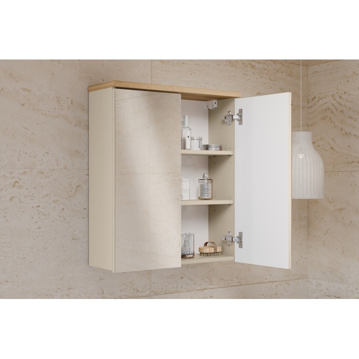 Meuble de rangement suspendu avec portes en miroirs ERMANO ouvert en situation