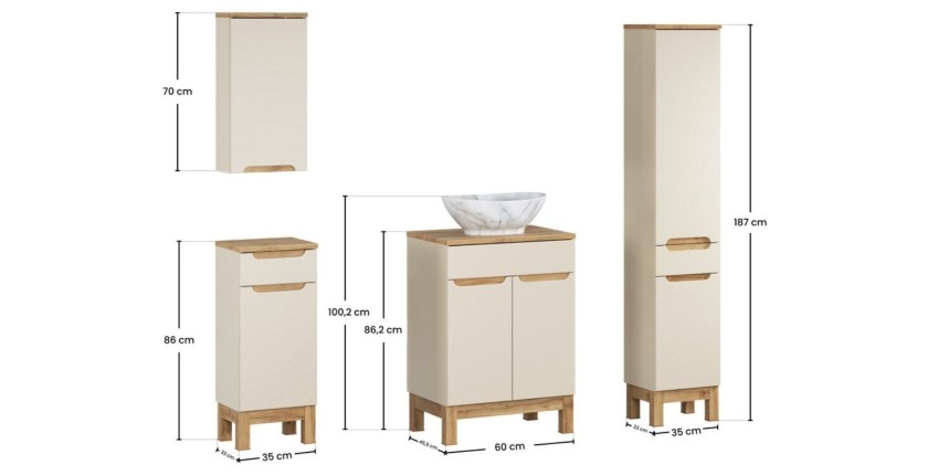 Ensemble ERMANO cachemire 130cm : set complet avec vasque à poser marbrée dimensions