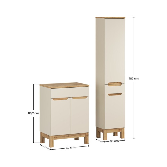 Badezimmer-Set ERMANO Kaschmir und Eichenoptik 95cm: Unterschrank + Waschtischplatte + Hochschrank