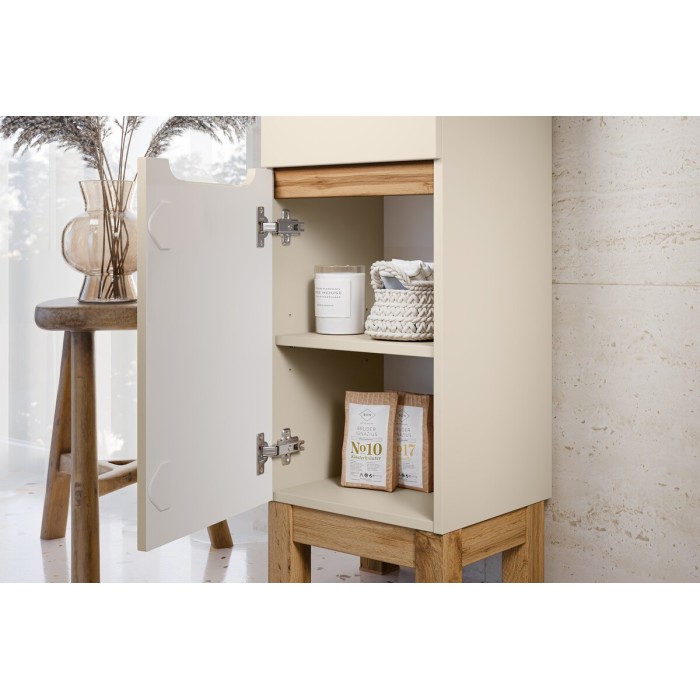 Badezimmer-Set ERMANO Kaschmir und Eichenoptik 95cm: Unterschrank + Waschtischplatte + Hochschrank