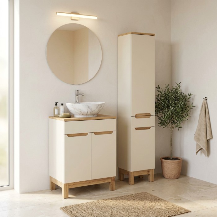 Badezimmer-Set ERMANO Kaschmir und Eichenoptik 95cm: Unterschrank + Waschtischplatte + Hochschrank