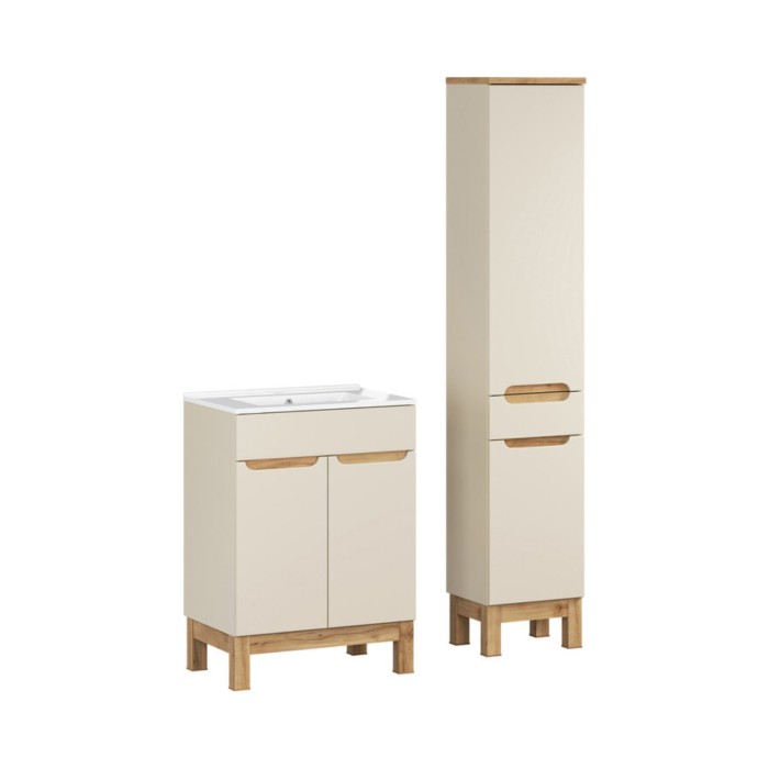 Badezimmer-Set ERMANO Kaschmir Eichenoptik 95cm: Unterschrank + eingelassenes weißes Waschbecken + Hochschrank