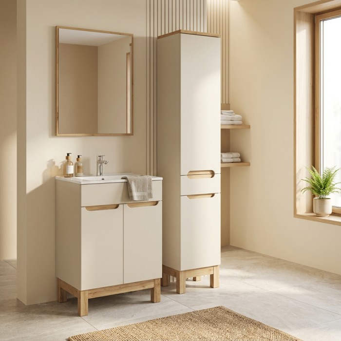 Badezimmer-Set ERMANO Kaschmir Eichenoptik 95cm: Unterschrank + eingelassenes weißes Waschbecken + Hochschrank