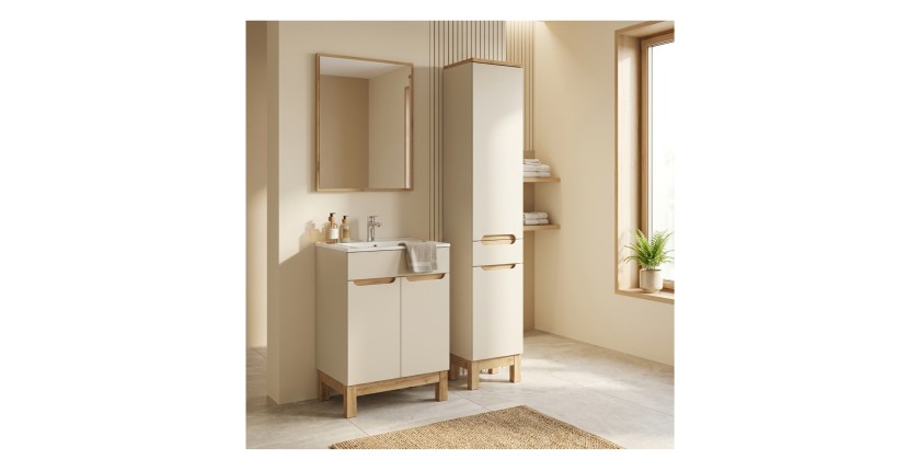 Ensemble ERMANO cachemire 95cm : meuble sous vasque, vasque encastrée et colonne mis en situation