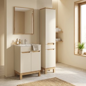 Ensemble ERMANO cachemire 95cm : meuble sous vasque, vasque encastrée et colonne mis en situation