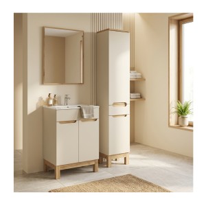 Ensemble ERMANO cachemire 95cm : meuble sous vasque, vasque encastrée et colonne mis en situation