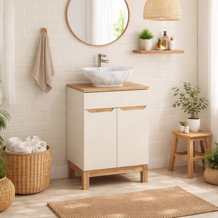 Badezimmer-Set ERMANO Kaschmir 60cm: Unterschrank + Platte für Waschbecken + aufgesetztes weiß marmoriertes Waschbecken