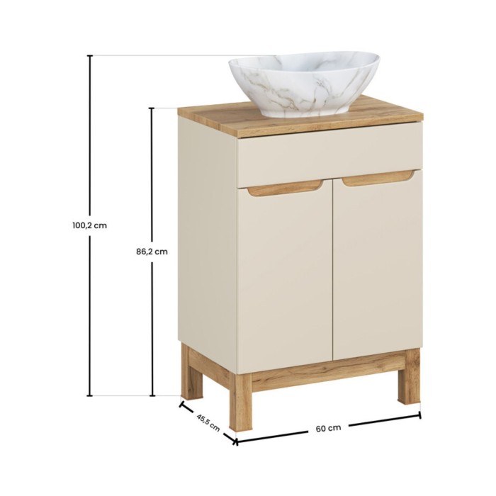 Badezimmer-Set ERMANO Kaschmir 60cm: Unterschrank + Platte für Waschbecken + aufgesetztes weiß marmoriertes Waschbecken