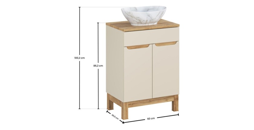 Ensemble ERMANO cachemire 60cm : meuble sous vasque, plan pour vasque et vasque à poser marbrée dimensions