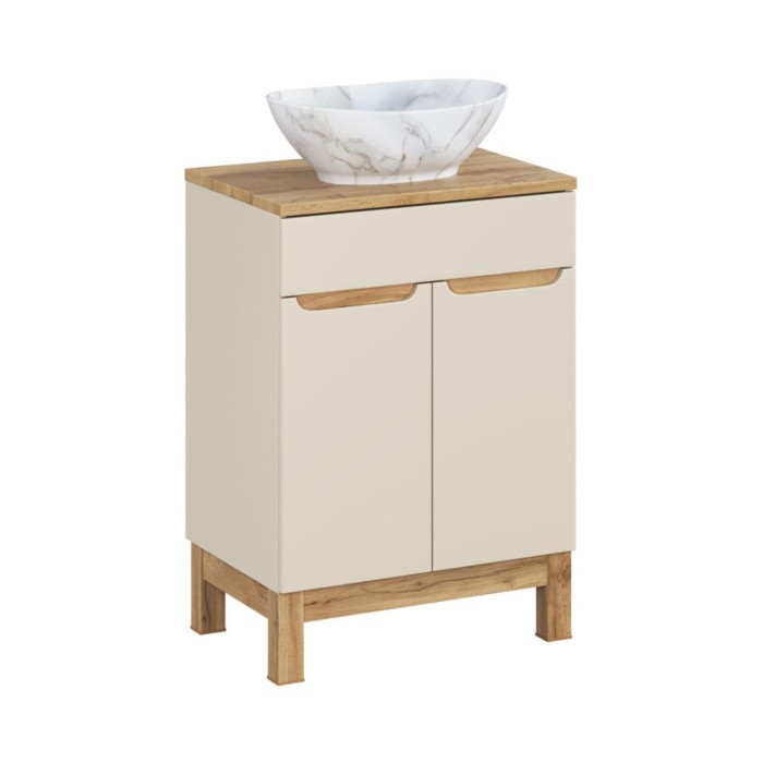 Badezimmer-Set ERMANO Kaschmir 60cm: Unterschrank + Platte für Waschbecken + aufgesetztes weiß marmoriertes Waschbecken