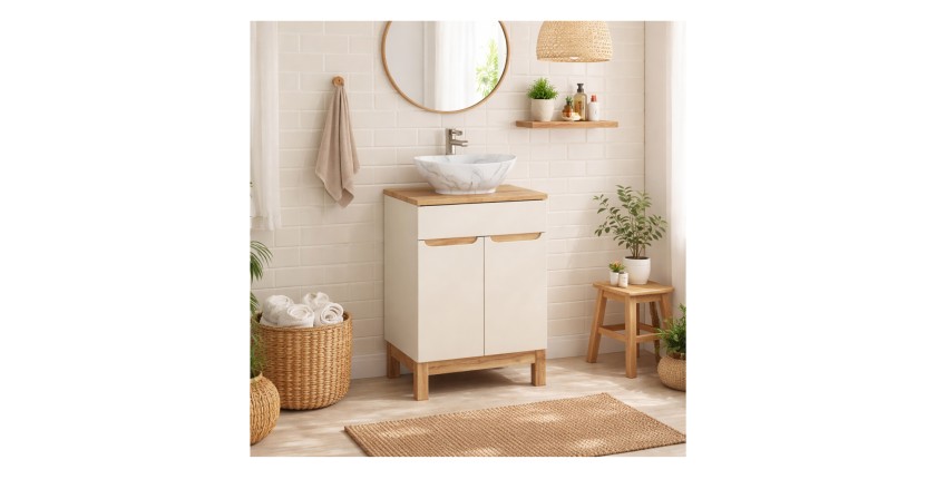 Ensemble ERMANO cachemire 60cm : meuble sous vasque et plan pour vasque aspect chêne mis en situation