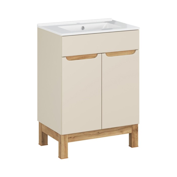 Badezimmer-Set ERMANO Kaschmir und Eichenoptik 60cm: Unterschrank + eingelassenes weißes Waschbecken