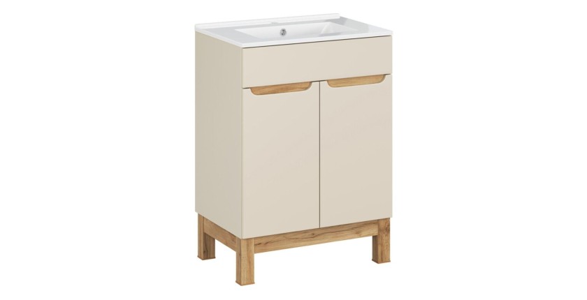 Ensemble de salle de bain ERMANO cachemire et aspect chêne 60cm : meuble sous vasque + vasque encastrée blanche