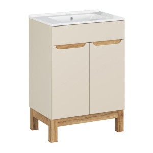Ensemble de salle de bain ERMANO cachemire et aspect chêne 60cm : meuble sous vasque + vasque encastrée blanche