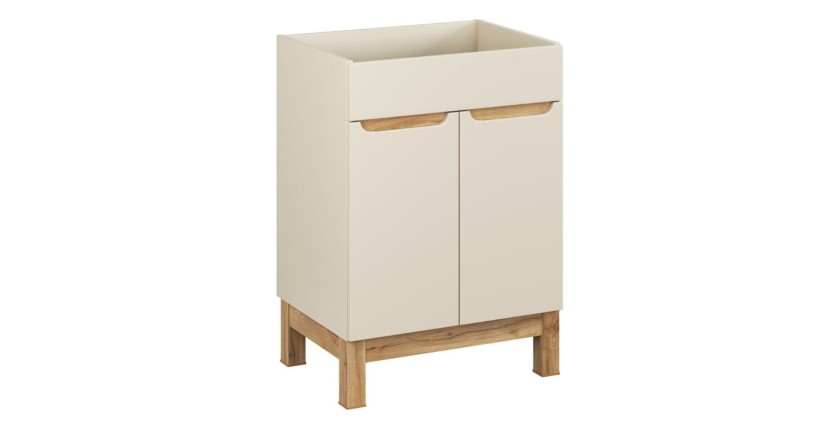 Ensemble de salle de bain ERMANO cachemire et aspect chêne 60cm : meuble sous vasque + vasque encastrée blanche