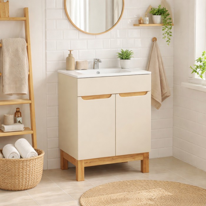Badezimmer-Set ERMANO Kaschmir und Eichenoptik 60cm: Unterschrank + eingelassenes weißes Waschbecken