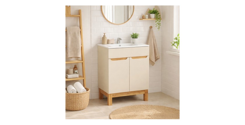 Ensemble de salle de bain ERMANO cachemire et aspect chêne 60cm : meuble sous vasque + vasque encastrée blanche