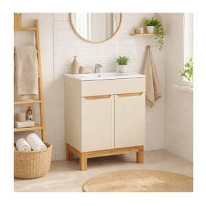 Ensemble de salle de bain ERMANO cachemire et aspect chêne 60cm : meuble sous vasque + vasque encastrée blanche