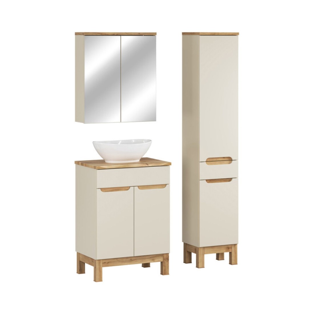 Insieme ERMANO cachemire 95cm: mobile sottolavello + piano per lavabo bisellato + lavabo da appoggio + mobili con specchi