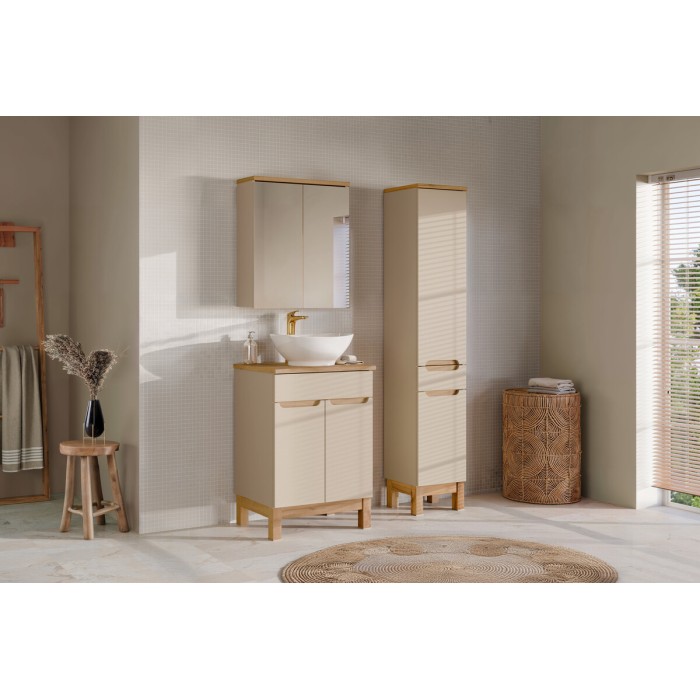 Insieme ERMANO cachemire 95cm: mobile sotto lavabo + piano per lavabo bisellato + lavabo da appoggio bianco + colonna