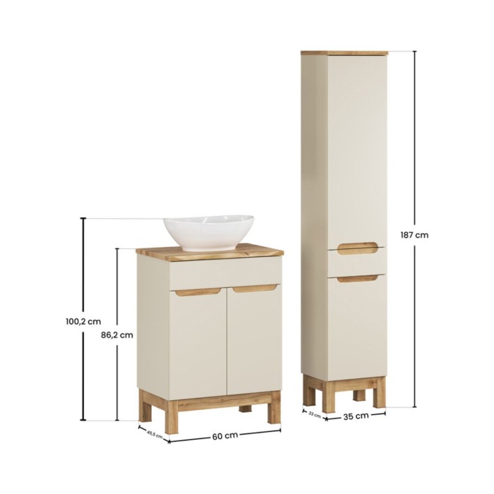 Insieme ERMANO cachemire 95cm: mobile sotto lavabo + piano per lavabo bisellato + lavabo da appoggio bianco + colonna