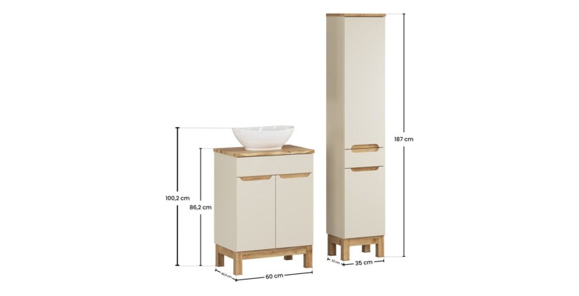 Ensemble ERMANO cachemire 95cm : meuble sous vasque, plan pour vasque, vasque à poser et colonne dimensions