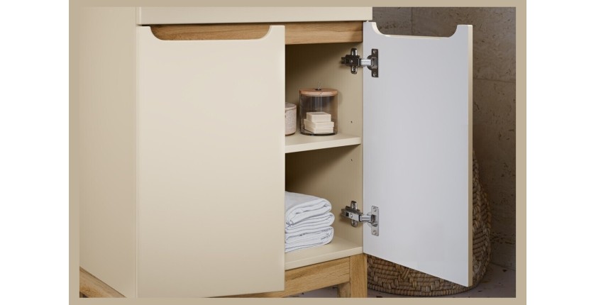 Meuble sous vasque ERMANO cachemire et chêne 60cm ouvert en situation