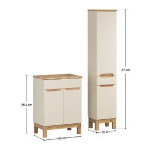 Badezimmer-Set ERMANO Kaschmir und Eichenoptik 95cm: Waschbeckenunterschrank + abgeschrägte Waschtischplatte + Hochschrank