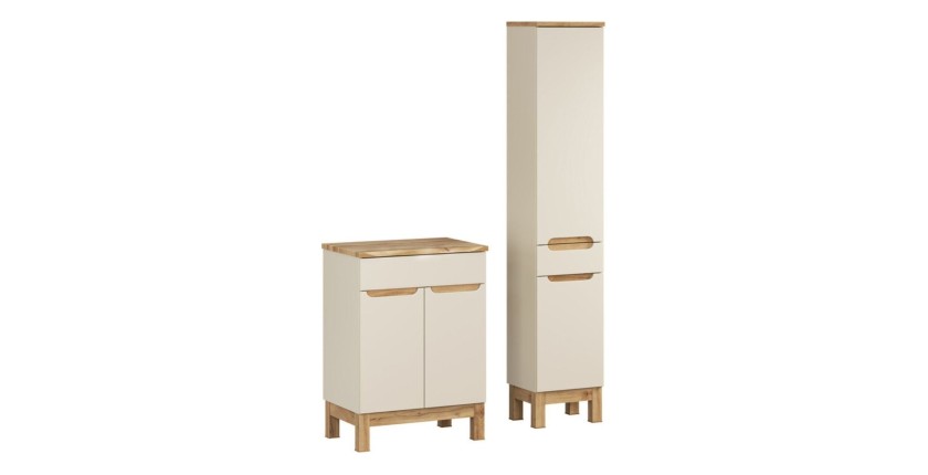 Badezimmer-Set ERMANO Kaschmir und Eichenoptik 95cm: Waschbeckenunterschrank + abgeschrägte Waschtischplatte + Hochschrank